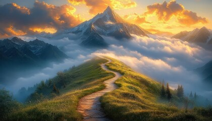 Scenic winding path on grassy hill leading towards towering snow-capped mountain under dramatic golden sky with glowing clouds and morning mist