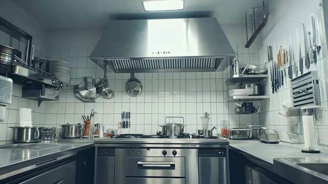 Commercial kitchen with stainless steel appliances and white tile