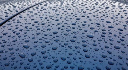 Close-up of water droplets on a smooth, dark blue surface, creating a textured pattern