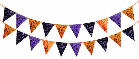 Fototapeta premium Spooky Halloween triangle bunting flags in vibrant orange, purple, and black with creepy patterns