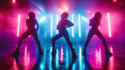 Silhouettes of three dancers striking poses on a shiny floor with vibrant pink, purple, and blue neon lights and fog creating an energetic and dramatic atmosphere