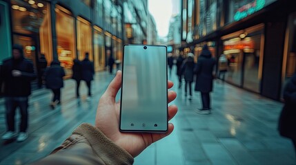 A hand holds a smartphone with a blank screen, centered in a blurred city street scene with pedestrians and storefronts.  The image has a slightly muted color palette