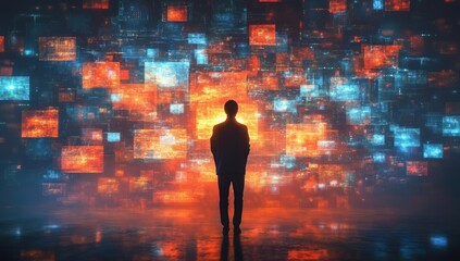 Silhouette of a person standing in front of glowing abstract digital screens with vibrant orange and blue hues creating a futuristic and contemplative atmosphere