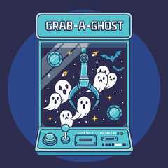 Illustration of a claw machine game filled with cute ghosts, bats, stars, and the words "Grab-A-Ghost" in a playful style.