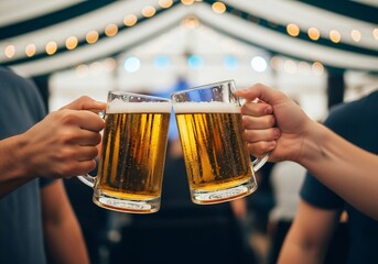 Oktoberfest Two hands clinking glasses filled with frothy golden beer soft bokeh lights in background
