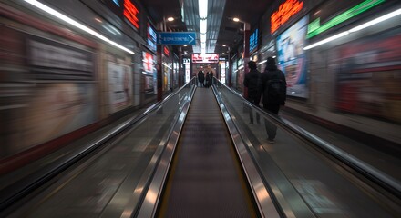 Moving Walkway with People in Subway Station, Blurred Motion, Urban Commute
