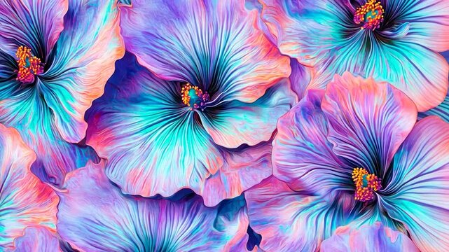 Vibrant, stylized hibiscus flowers in a close-up, vibrant color palette