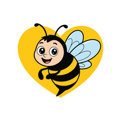 Cute Cartoon Bee with Heart Background Symbolizing Love, Kindness, Nature, Spring, Honey Bee, Flying Insect, and Children’s Fun Illustration.