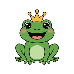 Cute Cartoon Frog with Crown Smiling Sitting Isolated on White Background, Funny Animal Character for Kids, Royal Frog Prince.