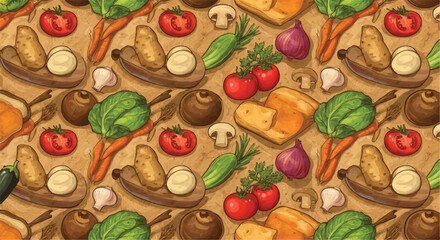 Colorful vegetables and bread on a table, seamless food pattern