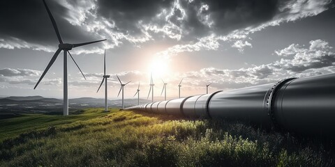 Long pipeline running through a green grassy field alongside multiple wind turbines under a partly cloudy sky with the sun shining brightly