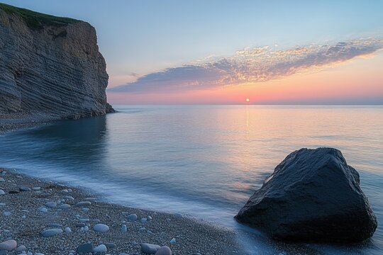 Peaceful coastal scene with rocky beach and large stone in foreground at calm sunset with soft pastel sky and gentle waves - Powered by Adobe