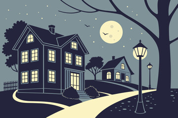 Enchanting night scene with illuminated houses, a full moon, starry sky, and vintage streetlights creating a cozy, inviting atmosphere for storytelling and design projects.