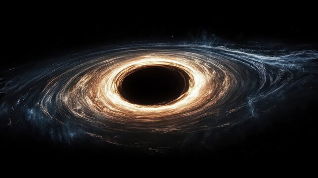 Bright swirling accretion disk glowing around a central black hole in space with dark background and cosmic gas clouds