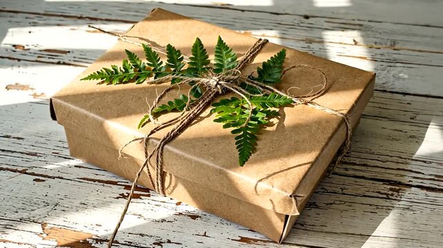 A beautifully wrapped gift on a rustic wooden table, adorned with ferns and natural twine, evoking a warm, inviting atmosphere