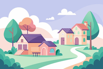 Charming village nestled amidst rolling hills and lush greenery under a serene sky, evoking peace and rural beauty for your next project.