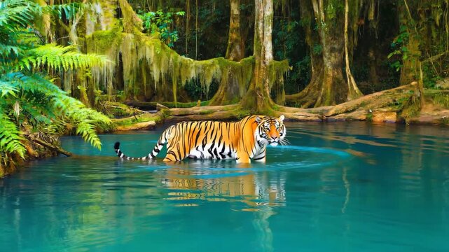 Majestic tiger gracefully walks through vibrant turquoise water in lush jungle setting
