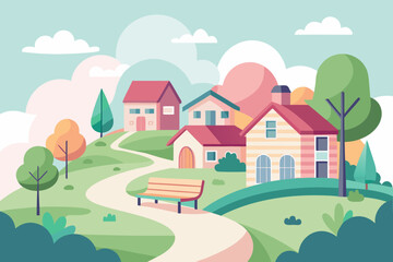 Naklejka premium Charming village scene unfolds with colorful houses nestled on rolling hillsides under a soft sky, inviting peaceful contemplation and serene living.