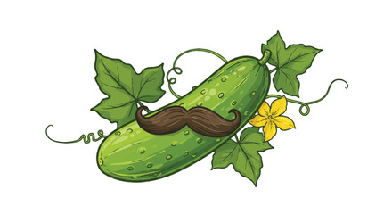 Cucumber with mustache, vine, leaves, flower