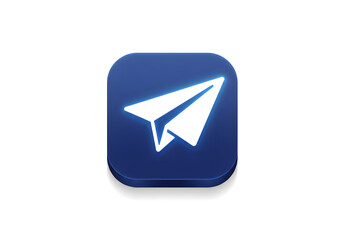 A glowing paper airplane icon on a dark blue square button.