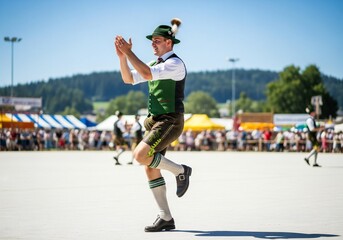 Oktoberfest Man in traditional Bavarian attire performing a dance with outstretched hands in a festival