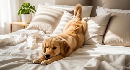 Obraz premium A Golden Glow of Serenity: Puppy's Peaceful Stretch in a Minimalist Bedroom