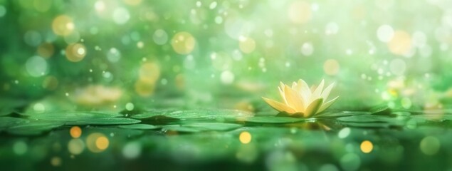 soft glowing yellow water lily floating on lily pads with blurred green and light bokeh background creating a peaceful serene atmosphere