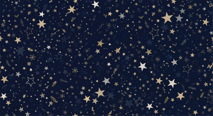 Dark blue background with scattered gold and silver stars