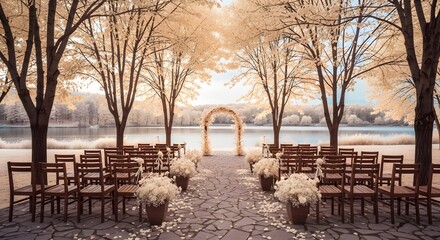 A wedding ceremony set up by a lake surrounded by trees with autumn foliage