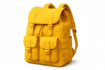 Vibrant yellow backpack with multiple pockets and straps, isolated on a transparent background, ready for compositing and design projects