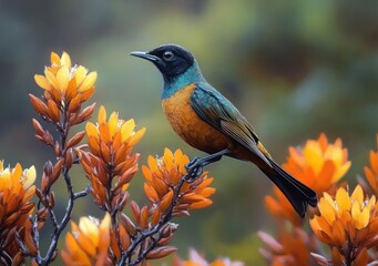 Naklejka premium Colorful bird perched on a branch surrounded by vibrant orange flowers with a soft blurred natural background