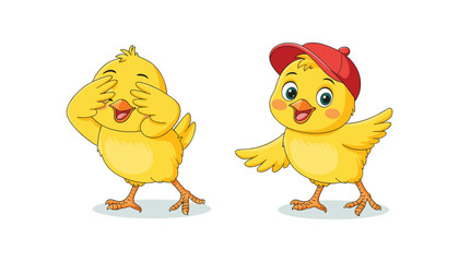 Cute Cartoon Chicks Playing and Smiling, One Wearing Red Cap, Funny Yellow Baby Birds Isolated on White Background for Kids Design
