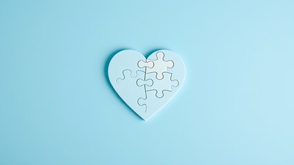 Heart-shaped puzzle on a light blue background, symbolizing autism awareness with soft overhead light.
