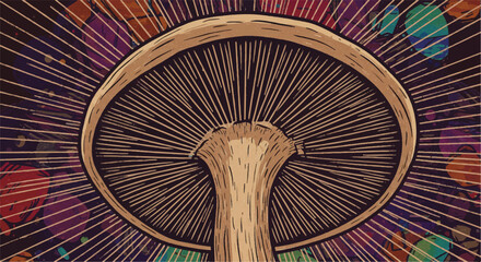 Detailed mushroom, sunburst backdrop