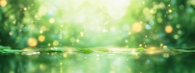 Obraz premium Close-up view of green leaves floating on water surface with soft glowing bokeh lights and blurred natural background creating a peaceful and fresh atmosphere