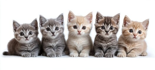 Five adorable kittens sitting side by side looking curiously forward on a white background