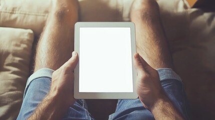 High-angle close-up of a person's hands holding a white tablet with a blank screen while seated on a beige couch wearing denim shorts