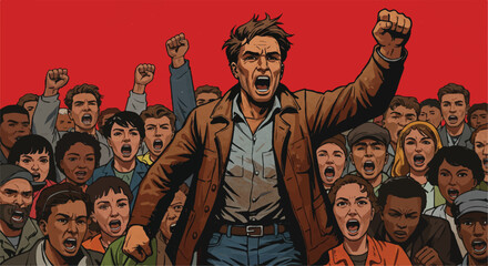 Diverse crowd with raised fists and open mouths, led by a man in a brown jacket, against a red backdrop