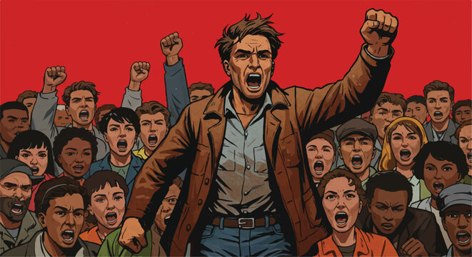 Diverse crowd with raised fists and open mouths, led by a man in a brown jacket, against a red backdrop