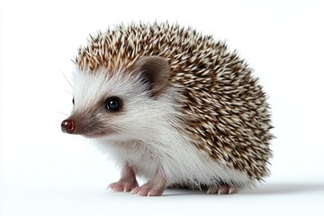 Fototapeta premium Close-up of a small hedgehog with sharp spines and expressive eyes on a white background