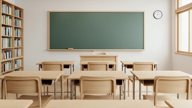 Smooth Zoom In Shot of an Empty Classroom with Desks Chalkboard and Bookshelf Ready for School to Start