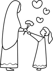 Obraz premium Mother and Kid Coloring Book Vector Illustration in Black and White Line Art Style 
