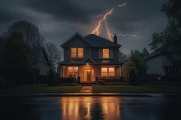 Two-story house with warm yellow lights glowing inside during a heavy rainstorm with visible lightning bolt striking in the dark cloudy sky