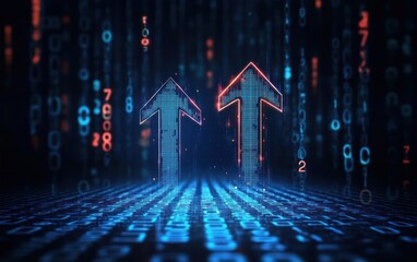 Digital arrows pointing upward composed of glowing binary code in a futuristic blue and orange data stream environment conveying growth and progress