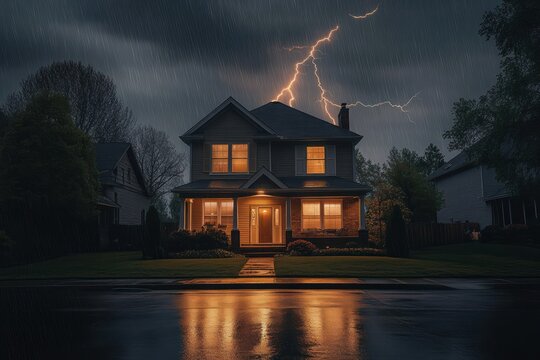 Two-story house with warm yellow lights glowing inside during a heavy rainstorm with visible lightning bolt striking in the dark cloudy sky - Powered by Adobe