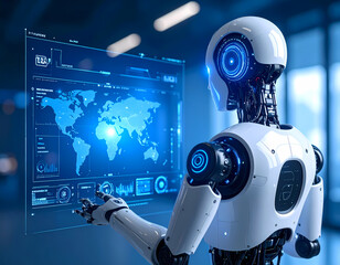 Ai robot interacting with world map interface artificial intelligence