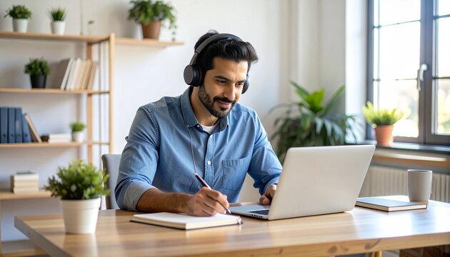 Focused 35s man sit at desk wear headphones watch webinar use laptop gain new knowledge writing notes. Video conference communication, negotiation remotely, study online. Detailed high quality image. 