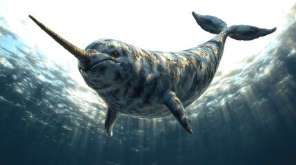 A solitary narwhal swims gracefully underwater with sunlight filtering through the surface, highlighting its spiral tusk and mottled body
