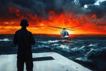 Silhouetted person watching a helicopter landing on turbulent water during a fiery orange and red sunset with dark stormy clouds