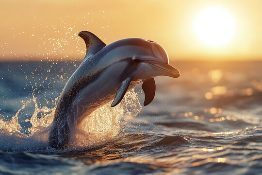 Joyful Dolphin Splashing Against a Vibrant Sunset Horizon